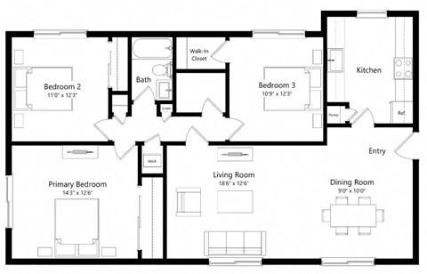 Floor plan for 3 beds, 2 baths, 1056 sqft